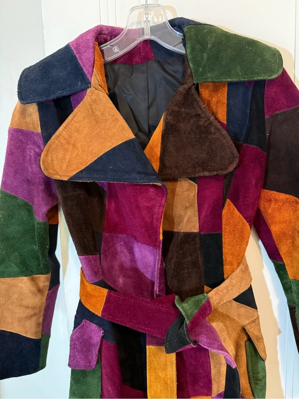 70s Vintage Multicolor Patchwork Suede Trench Coat, Great Condition, Sz Small - Picture 2 of 6